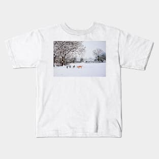 dog snow scene landscape with trees & rooftops art Kids T-Shirt